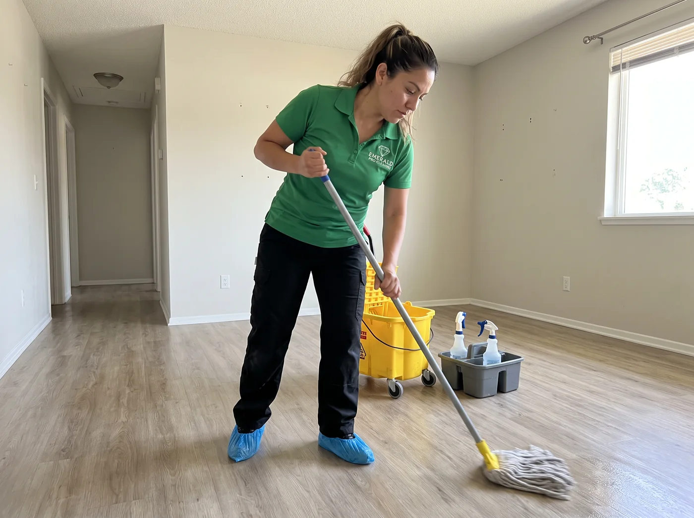 Emerald Pro cleaner mopping an empty home during a move out clean in Massachusetts